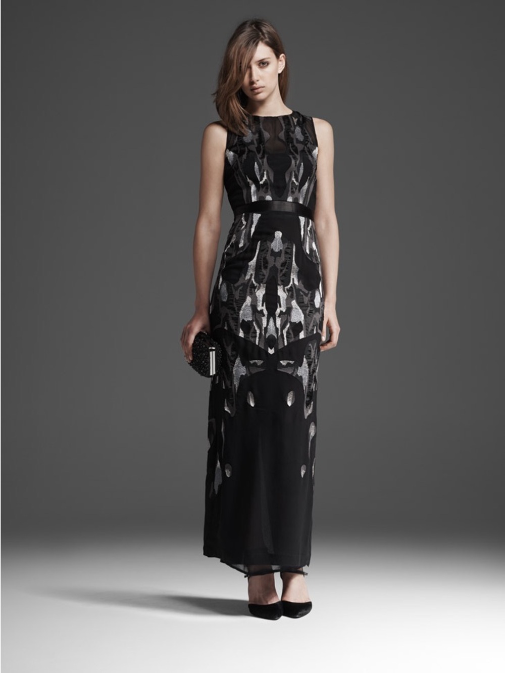 REISS Zuma Black Silver Embroidered Maxi Dress – Size US 4 / UK 8 / EU 36